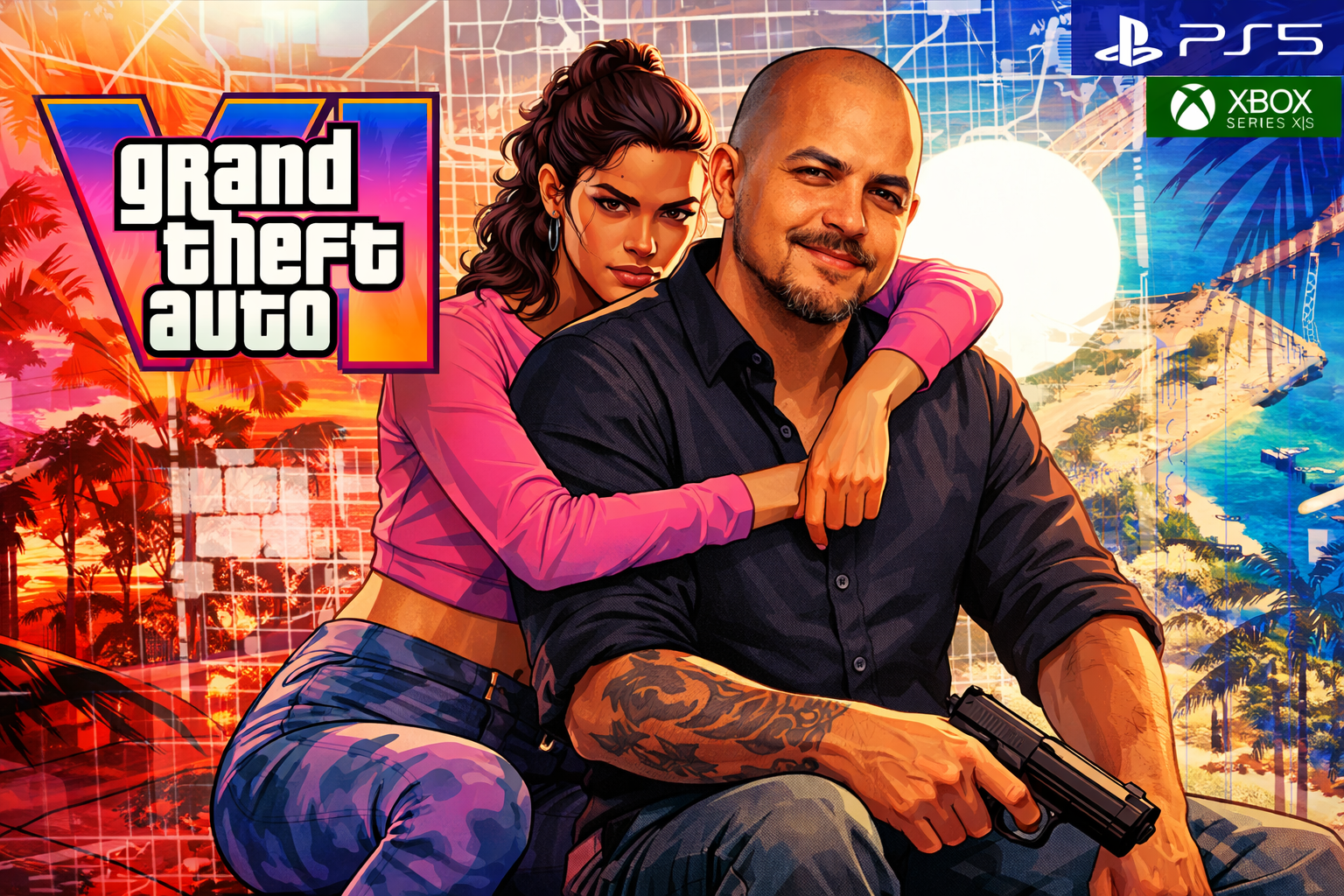 Ilustración estilo GTA VI de un fan de la saga junto a una protagonista femenina, inspirada en el arte oficial de Grand Theft Auto VI.