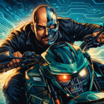 Ilustración estilo cómic de un motociclista con mitad del rostro tipo Terminator manejando una Verge TS eléctrica, representando la unión entre motocicletas e inteligencia artificial.