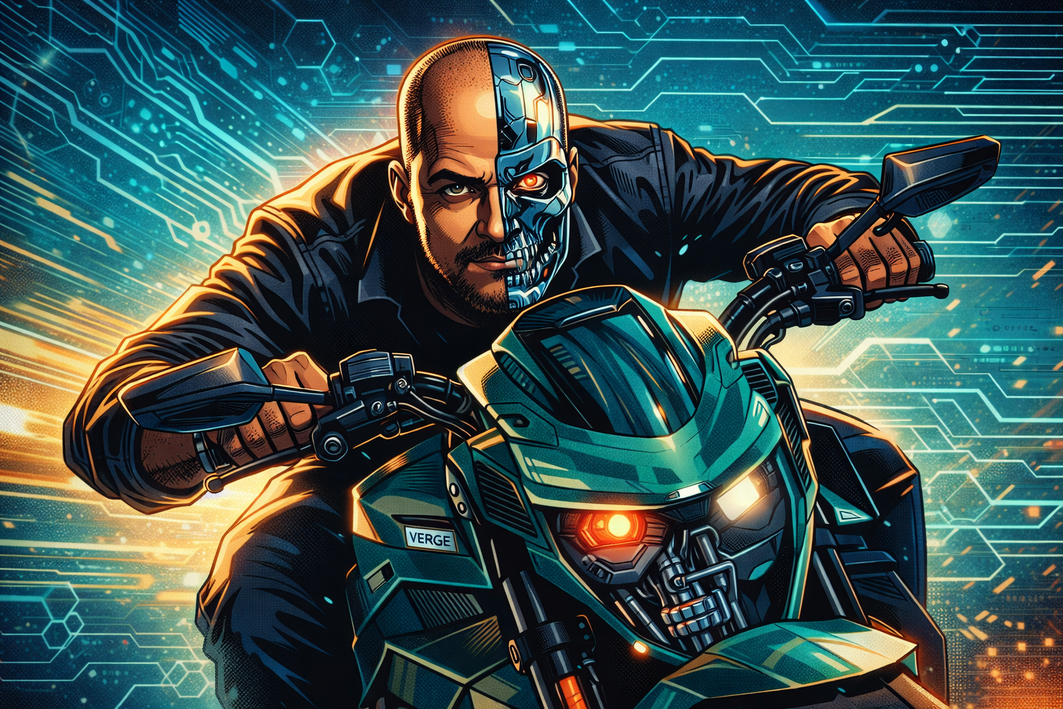 Ilustración estilo cómic de un motociclista con mitad del rostro tipo Terminator manejando una Verge TS eléctrica, representando la unión entre motocicletas e inteligencia artificial.