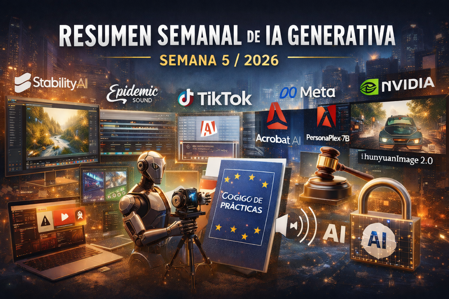 Resumen semanal de IA generativa con avances en imagen, video, música, plataformas y regulación durante la semana 5 de 2026