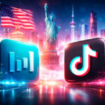 Ilustración futurista de ByteDance y TikTok con símbolos de Estados Unidos y China, representando el debate sobre control y operaciones de TikTok.