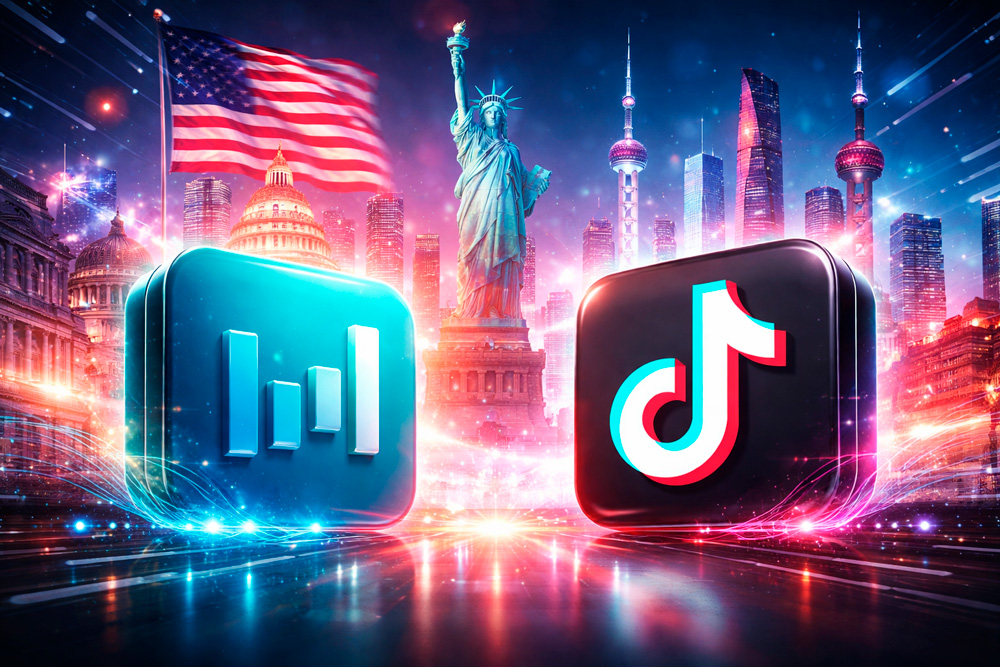 Ilustración futurista de ByteDance y TikTok con símbolos de Estados Unidos y China, representando el debate sobre control y operaciones de TikTok.