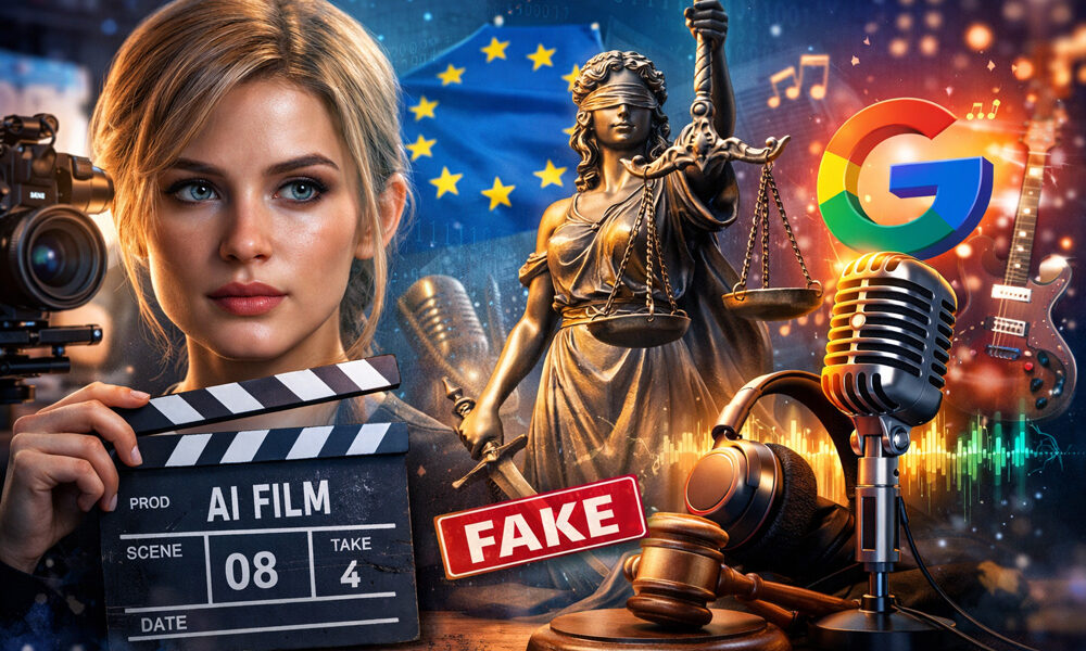 Ilustración conceptual sobre inteligencia artificial generativa audiovisual, música con IA de Google Gemini y regulación tecnológica en febrero de 2026.