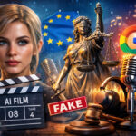 Ilustración conceptual sobre inteligencia artificial generativa audiovisual, música con IA de Google Gemini y regulación tecnológica en febrero de 2026.