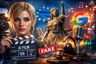 Ilustración conceptual sobre inteligencia artificial generativa audiovisual, música con IA de Google Gemini y regulación tecnológica en febrero de 2026.