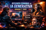 Header del Resumen semanal de IA generativa Semana 7 2026 con estética cyberpunk de creación de contenido: edición de video, cámara y micrófono.