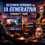 Header del Resumen semanal de IA generativa Semana 7 2026 con estética cyberpunk de creación de contenido: edición de video, cámara y micrófono.