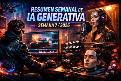 Header del Resumen semanal de IA generativa Semana 7 2026 con estética cyberpunk de creación de contenido: edición de video, cámara y micrófono.