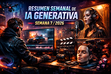 Header del Resumen semanal de IA generativa Semana 7 2026 con estética cyberpunk de creación de contenido: edición de video, cámara y micrófono.