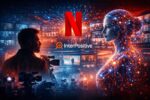 Cineasta con cámara en estudio oscuro junto a visualización de red neuronal de IA, representando Netflix compra InterPositive para herramientas de postproducción