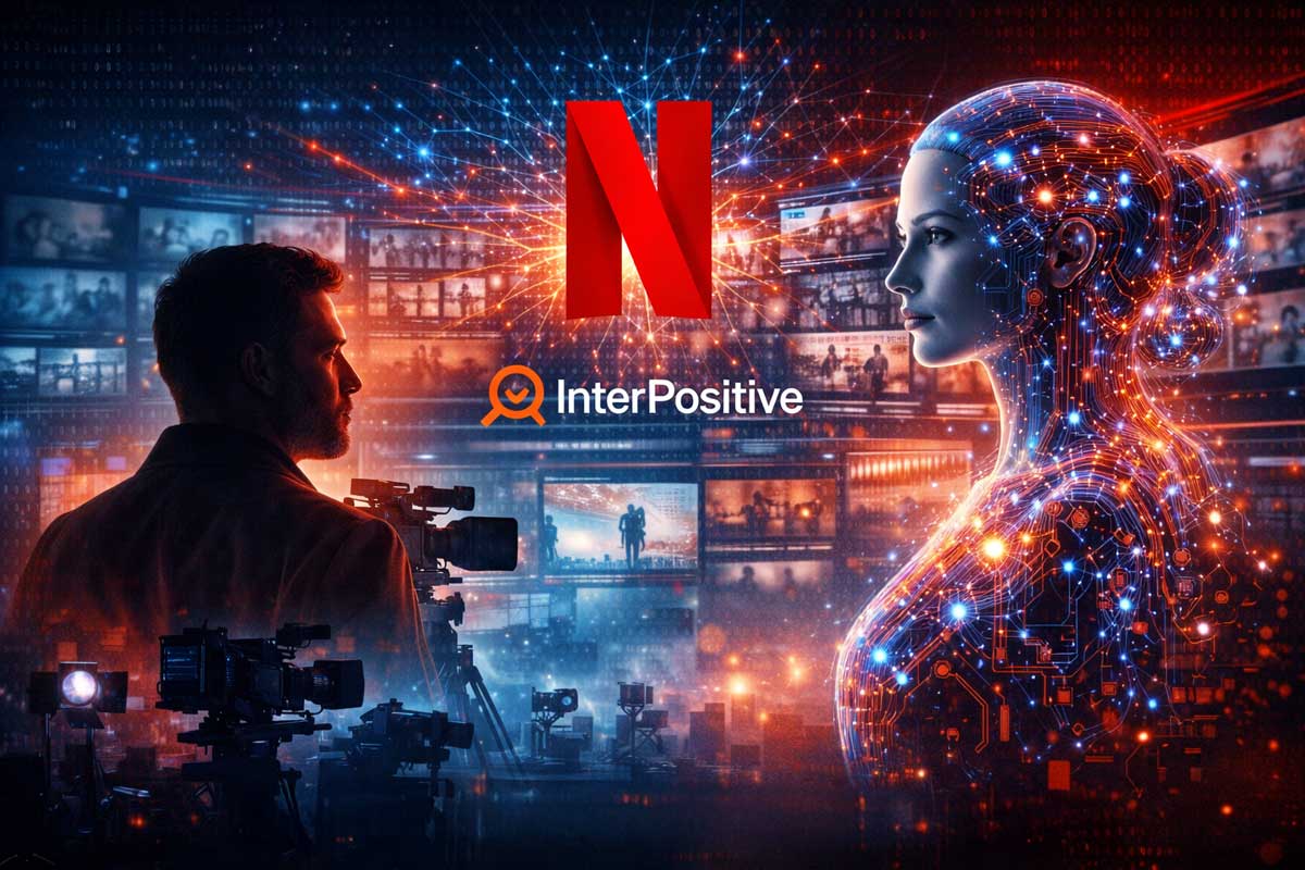 Cineasta con cámara en estudio oscuro junto a visualización de red neuronal de IA, representando Netflix compra InterPositive para herramientas de postproducción