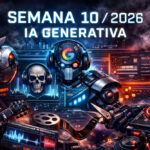 Infografía de IA generativa semana 10: logos de Apple Music Tags, Google ProducerAI Lyria 3, Adobe Quick Cut y Suno Udio mostrando transparencia, integración y negociación industrial en 2026