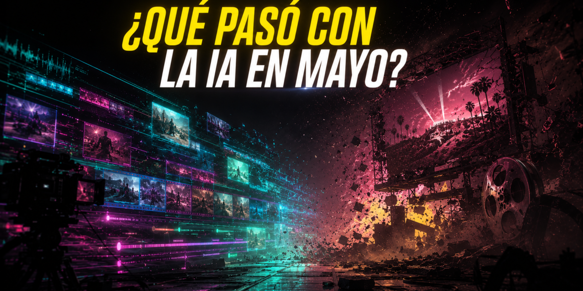 Header de resumen de IA generativa audiovisual abril-mayo 2026 con el cierre de Sora, Gemini Omni y Hollywood en tensión