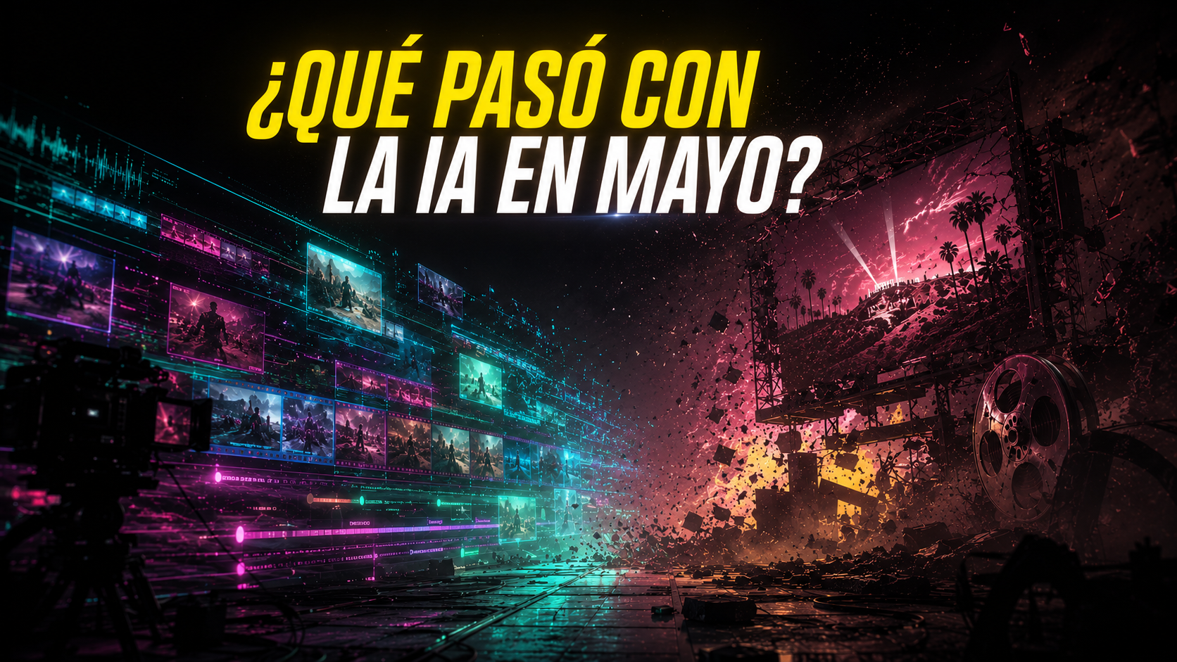 Header de resumen de IA generativa audiovisual abril-mayo 2026 con el cierre de Sora, Gemini Omni y Hollywood en tensión