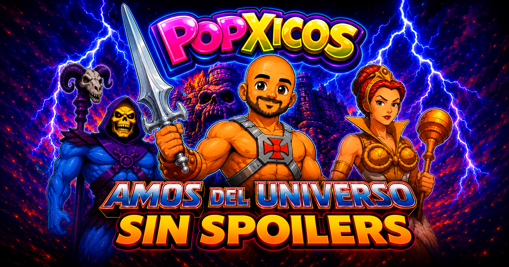 Thumbnail de Popxicos para la reseña de Amos del Universo sin spoilers con He-Man, Skeletor y Teela